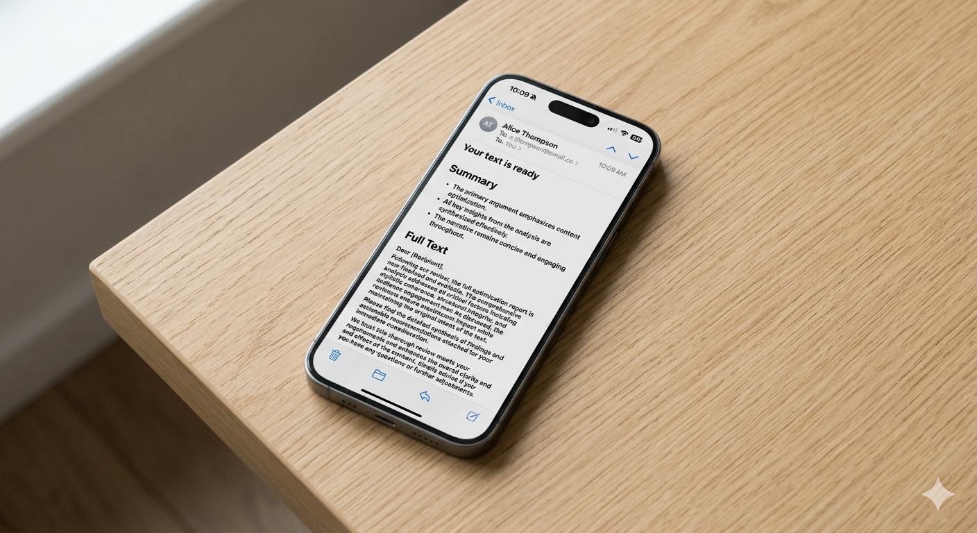 iPhone showing DropToText reply with summary and extracted text